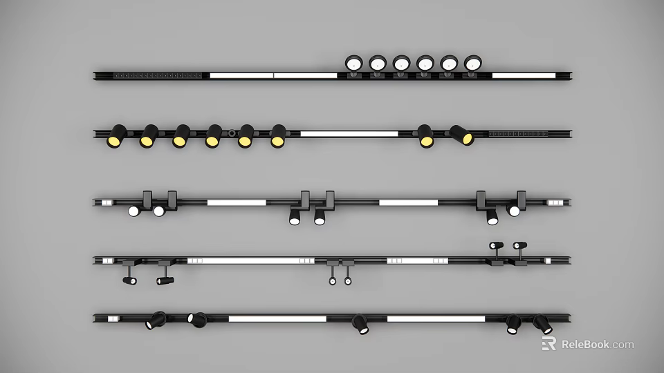 Modern Track Mounted Downlights And Spotlights With Multiple Adjustable Heads Black White Design 3d model