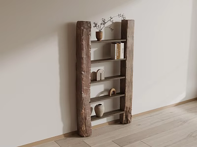 Rustic Wooden Decorative Cabinet With Shelves Holding Vases Books Small Decor And Dried Plants 3d model