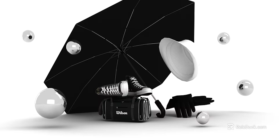 Stylish Sneakers Placed Under Black Umbrella With Black Bag Gloves White Balls And Plate 3d model 