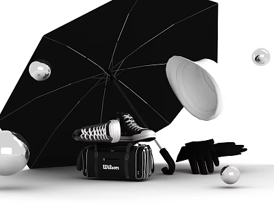 Stylish Sneakers Placed Under Black Umbrella With Black Bag Gloves White Balls And Plate 3d model