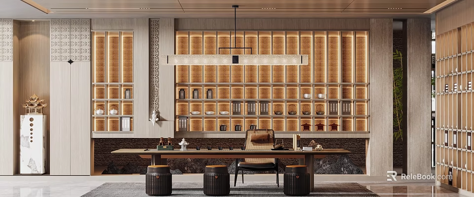 Traditional Tea Room Interior Design With Wooden Shelves And Tea Ceremony Setup 3d model 