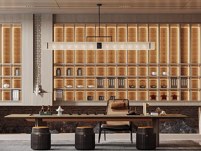 Traditional Tea Room Interior Design With Wooden Shelves And Tea Ceremony Setup 3d model