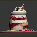 Christmas Themed Layered Dessert Jar With Cream Red Sauce Snowman Tree Decorations On Pink Tray