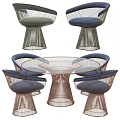 Round Marble Top Dining Table Set with Metal Frame and Woven Upholstered Chairs