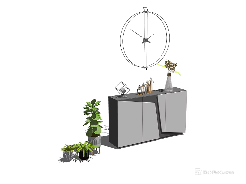 Modern Entryway Console Side Cabinet With Decorative Plants Wall Clock And Ornaments 3d model