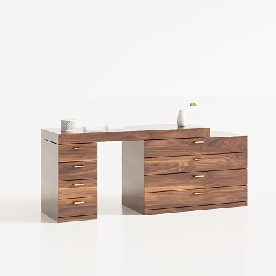 Wooden Dressing Table With Multiple Drawers Topped With White Vase And White Cup 3d model