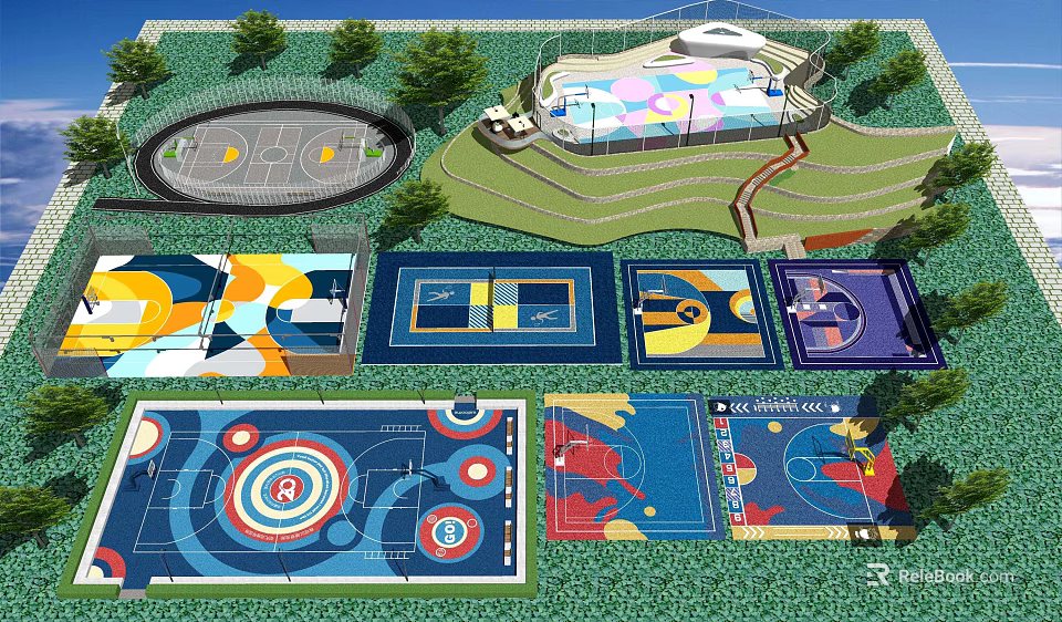 Colorful Basketball Court Design With Various Layouts Greenery And Modern Facilities 3d model 