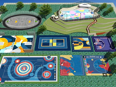 Colorful Basketball Court Design With Various Layouts Greenery And Modern Facilities 3d model