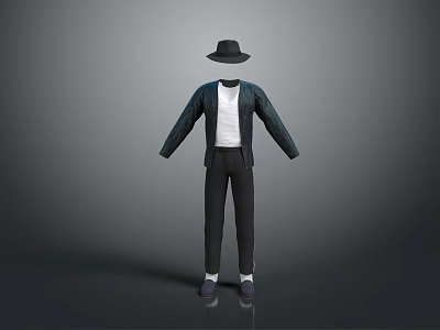 Stylish Black Hat Dark Cardigan White T Shirt Black Pants And Shoes 3d model