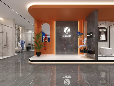 Modern Luxury Bathroom Showroom With Bathtub Shower Enclosure And Display Cabinets 3d model