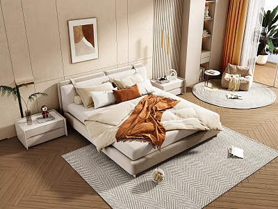 Modern Double Bed Bedroom Interior With Bedside Table Decorative Art Rug And Plant 3d model