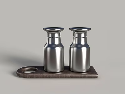 Silver Salt And Pepper Shakers Set On Wooden Tray For Kitchen Use 3d model