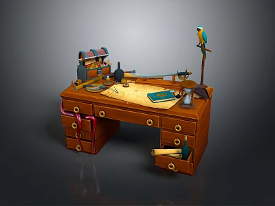 Vintage Wooden Desk with Drawers Table Lamp Notebook and Parrot Ornament 3d model