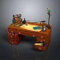 Vintage Wooden Desk with Drawers Table Lamp Notebook and Parrot Ornament