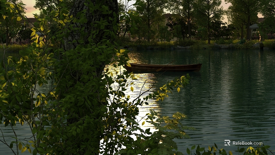 Scenic Sunset Lake Landscape With Small Boat And Tree Leaves Reflection On Calm Water 3d model 