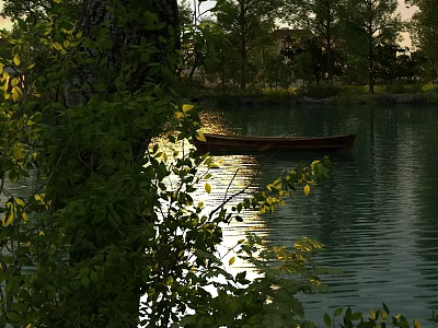 Scenic Sunset Lake Landscape With Small Boat And Tree Leaves Reflection On Calm Water 3d model
