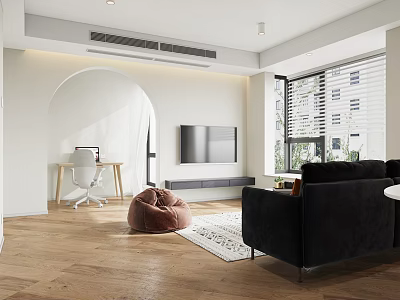 Modern Living Dining Room With Black Sofa TV Rug Bean Bag And Arched Doorway 3d model