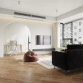 Modern Living Dining Room With Black Sofa TV Rug Bean Bag And Arched Doorway
