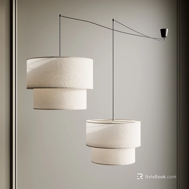 Modern Double Layer Linen Fabric Pendant Light Hanging In Interior Space 3d model