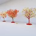 Elegant Floral Art Display Three Decorative Trees White Red Yellow Blossoms Red Bases And Red Ornaments