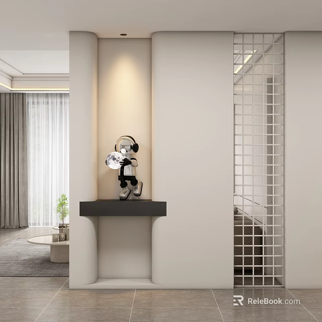 Modern Foyer Hallway Design With Shelf Decorative Figure Warm Lighting And Grid Partition 3d model 