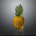 Shiny Ripe Pineapple With Green Leaf Crown On Black Reflective Surface