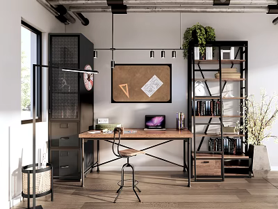 Industrial LOFT Study Iron Desk Iron Bookshelf Iron Bookcase Desk Ornaments 3d model