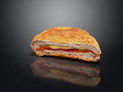 Delicious Toasted Sandwich with Golden Brown Bread Layered Cheese Meat and Black Surface Reflection 3d model