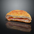 Delicious Toasted Sandwich with Golden Brown Bread Layered Cheese Meat and Black Surface Reflection