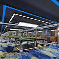Elegant Billiard Room Interior With Multiple Pool Tables Green Felt And Blue Ceiling Lights 3d model