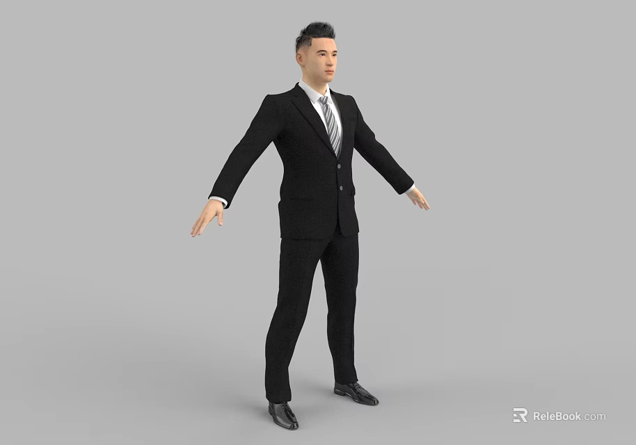 Tailored Men's Black Business Suit With White Shirt And Striped Tie 3d model 