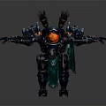 Mechanical Character Fantasy Creature With Blue Armor Red Glowing Core Horns And Green Cape