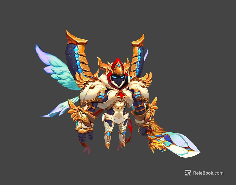 Mythical Warrior Character With Blue Gold Wings White Armored Suit And Shining Sword 3d model 