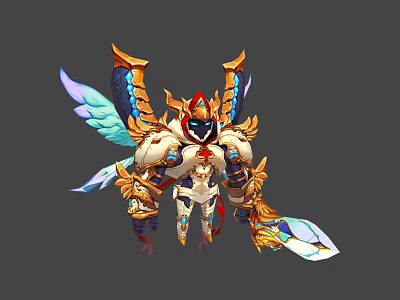 Mythical Warrior Character With Blue Gold Wings White Armored Suit And Shining Sword 3d model