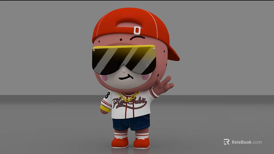 Cute Doll With Red Cap Large Sunglasses White T-shirt Blue Shorts Red Shoes Waving Hand 3d model 