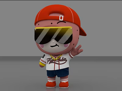 Cute Doll With Red Cap Large Sunglasses White T-shirt Blue Shorts Red Shoes Waving Hand 3d model