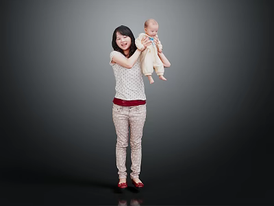 Woman In Patterned Top Holding Baby Against Gradient Gray Background 3d model