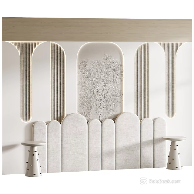 Children's Bed With Arched Upholstered Panels Tree Branch Wall Art And Dotted Stools 3d model 