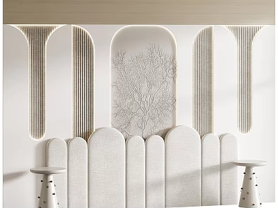 Children's Bed With Arched Upholstered Panels Tree Branch Wall Art And Dotted Stools 3d model