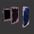 Three Electronic Devices With Different Decorative Frames Blue Screen And Red Button Design