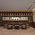 Traditional Tea Room Interior Design With Wooden Table Benches And Hanging Lights