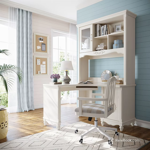 Elegant White Desk Interior With Chair Bookshelf Table Lamp And Blue Wall Near Window 3d model 