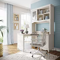 Elegant White Desk Interior With Chair Bookshelf Table Lamp And Blue Wall Near Window