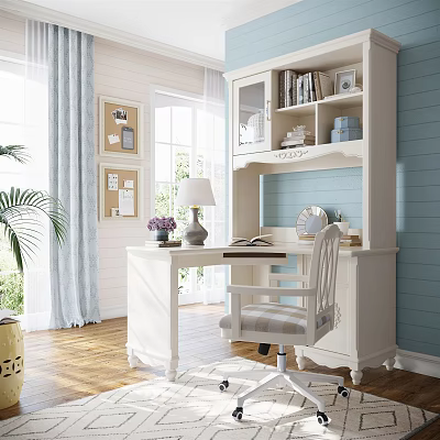 Elegant White Desk Interior With Chair Bookshelf Table Lamp And Blue Wall Near Window 3d model