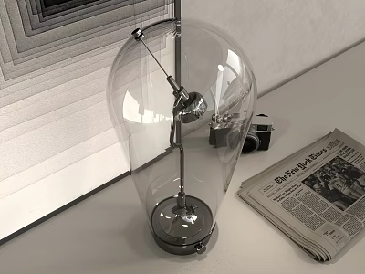 Transparent Glass Table Lamp With Metal Base And Vintage Camera Near Newspaper On White Desk 3d model