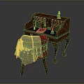 Vintage Wooden Antique Desk With Small Decorative Items And Cloth On Chair