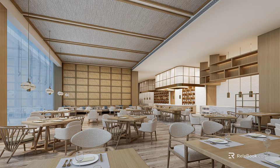 Modern Restaurant Interior With Wooden Ceiling Spacious Layout Neat Dining Tables Chairs And Large Windows 3d model 