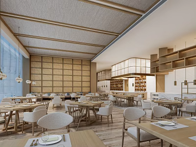 Modern Restaurant Interior With Wooden Ceiling Spacious Layout Neat Dining Tables Chairs And Large Windows 3d model