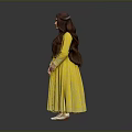 A Woman in Yellow Flowy Dress with Long Hair and Earrings Standing Against Gray Background