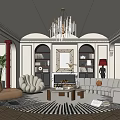 Elegant Living Room With Chandelier Arched Structures Bookshelves Fireplace Sofa And Armchair